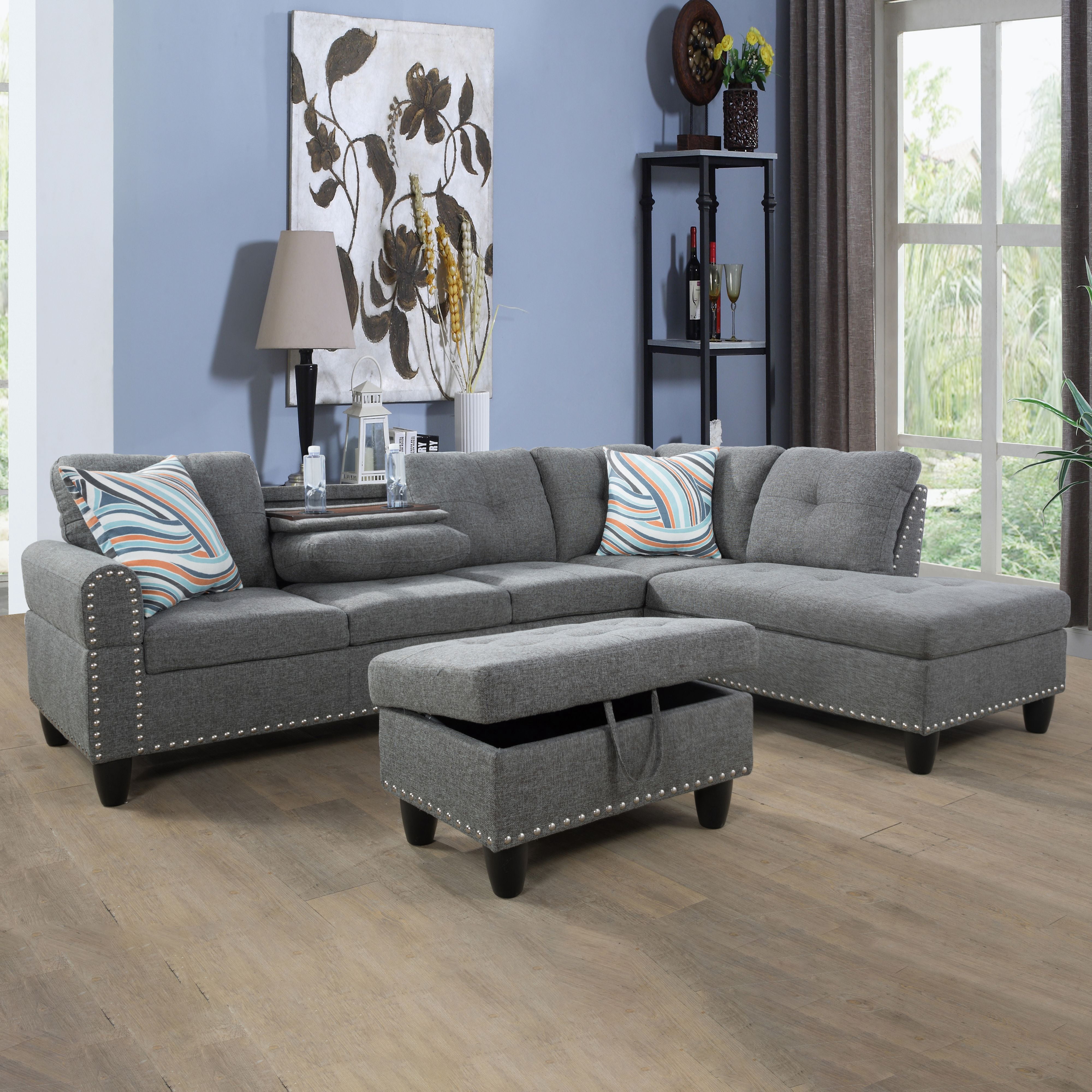MAYEERTY 97.5" Sectional Sofa with L-Shape Chaise, 3-Piece Linen Sofa Couch for Living Room, Grey
