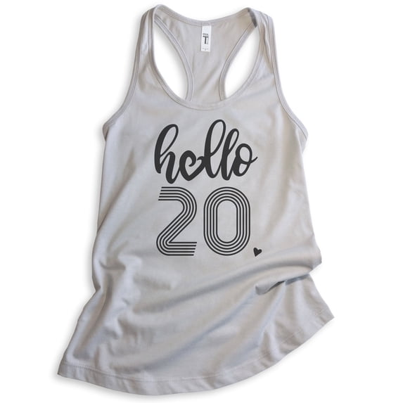 Hello 20 Tank Top, Ladies Racerback Tank Top, 20th Birthday Tank, Twentieth Birthday Tank, B-day Tank, Silver Gray, Large