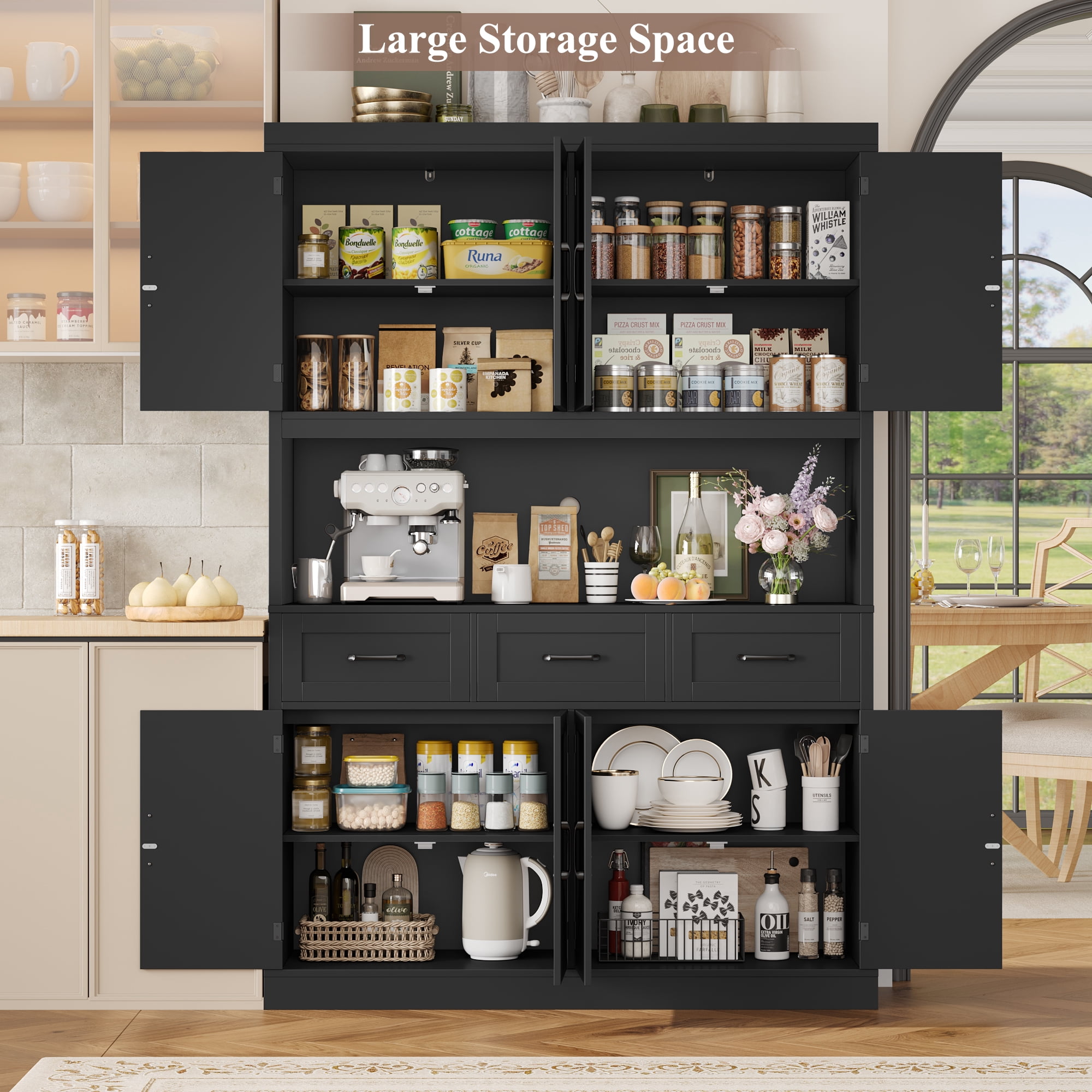 Homfa 76" Tall Kitchen Pantry Cabinet, Modern Storage Cabinet with Microwave Stand, Freestanding Cupboard with 3 drawers, Hutch Cabinet for Living Dining Room, Black