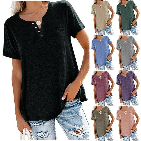 Jacenvly 2024 new plus size womens clothes Leisure Women Fashion Solid Color Button T-shirt Tops Short Sleeve Loose Blouse breathable v neck t shirts t-shirts womens summer Black