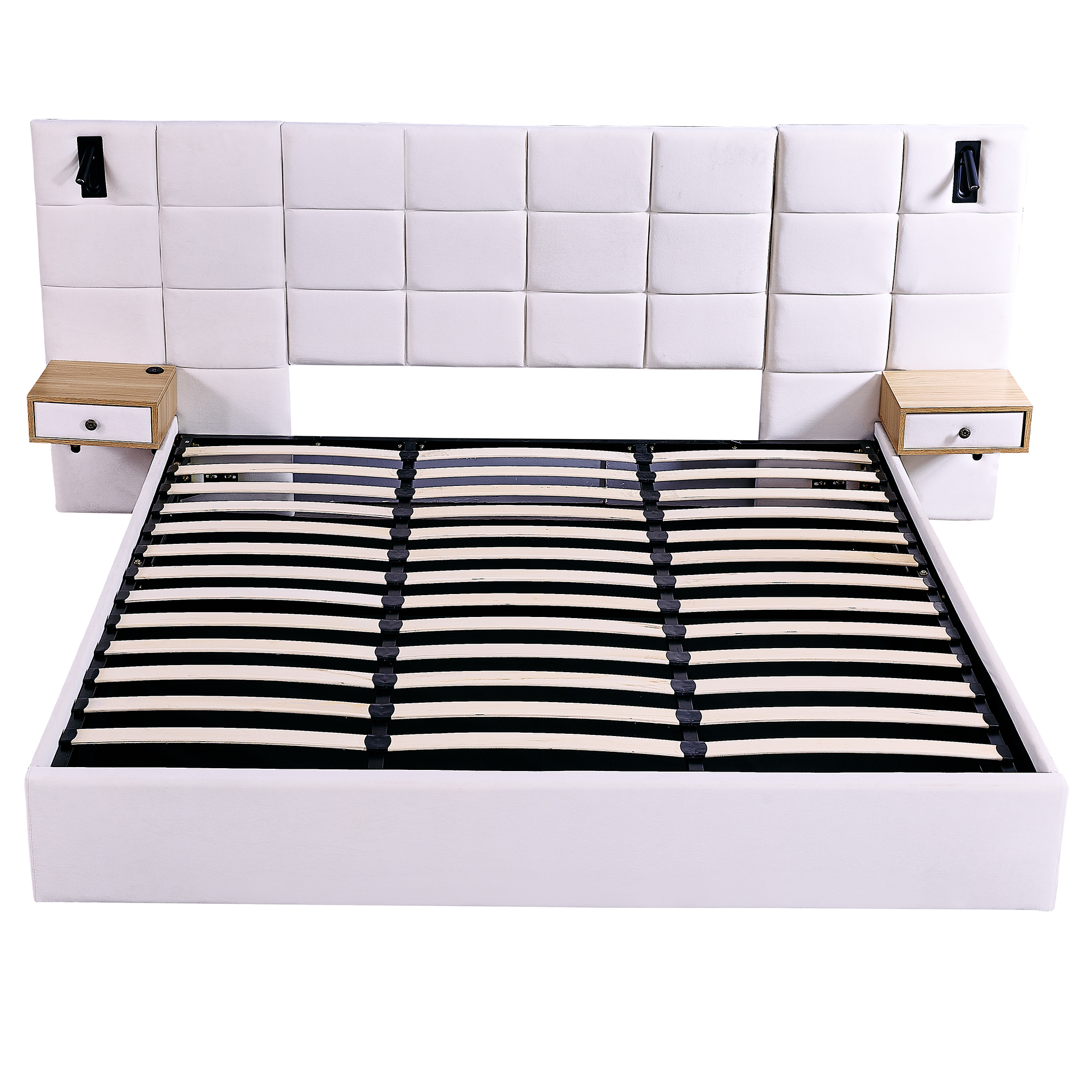 Aukfa King Size Upholstered Bed Frame with Drawers and LED Lights, Hydraulic Platform Bed with USB Port & Oversize Wingback Headboard, Beige
