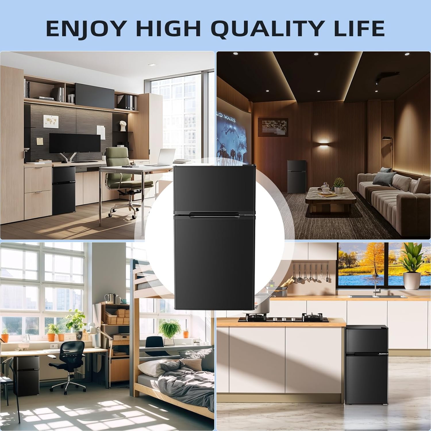 FREE VILLAGE 3.2 Cu.Ft Mini Fridge with Freezer,Compact Mini Refrigerator with Double 2 Door,Adjustable Temperature,Full Size for Home,Kitchen,Dorm,Apartment,Retro Black
