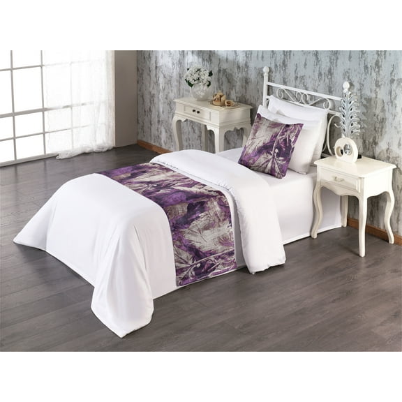 Weathered Leaves Bed Runner Set, Grunge Leaf Print Boho Vibes of Forest and Branches Tangled Look, Decorative Bedding Scarf & a Pillow Sham for Hotels Homes, Twin, Violet Pale Tan Plum, by Ambesonne