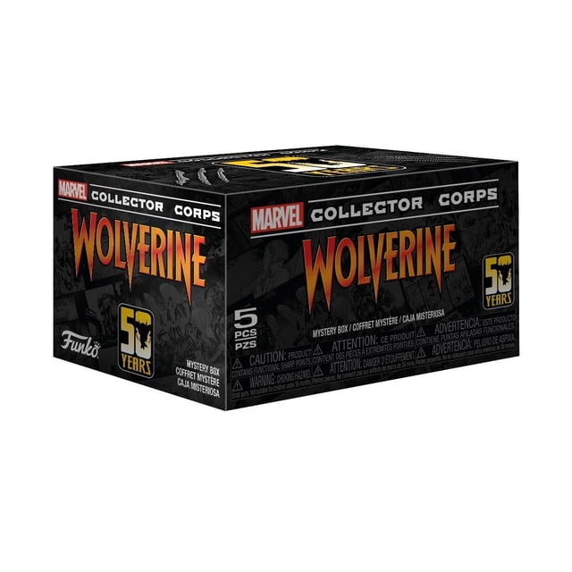 figura de juguete funko marvel collector corp wolverine 50th anniv caja rectangular frontal negra con logo WOLVERINE en naranja degradado, emblema dorado '50 Years' y logos Marvel y Funko visibles; caja de suscripción de 5 piezas, dimensiones 10.16 x 8.90 x 5.75 pulgadas.