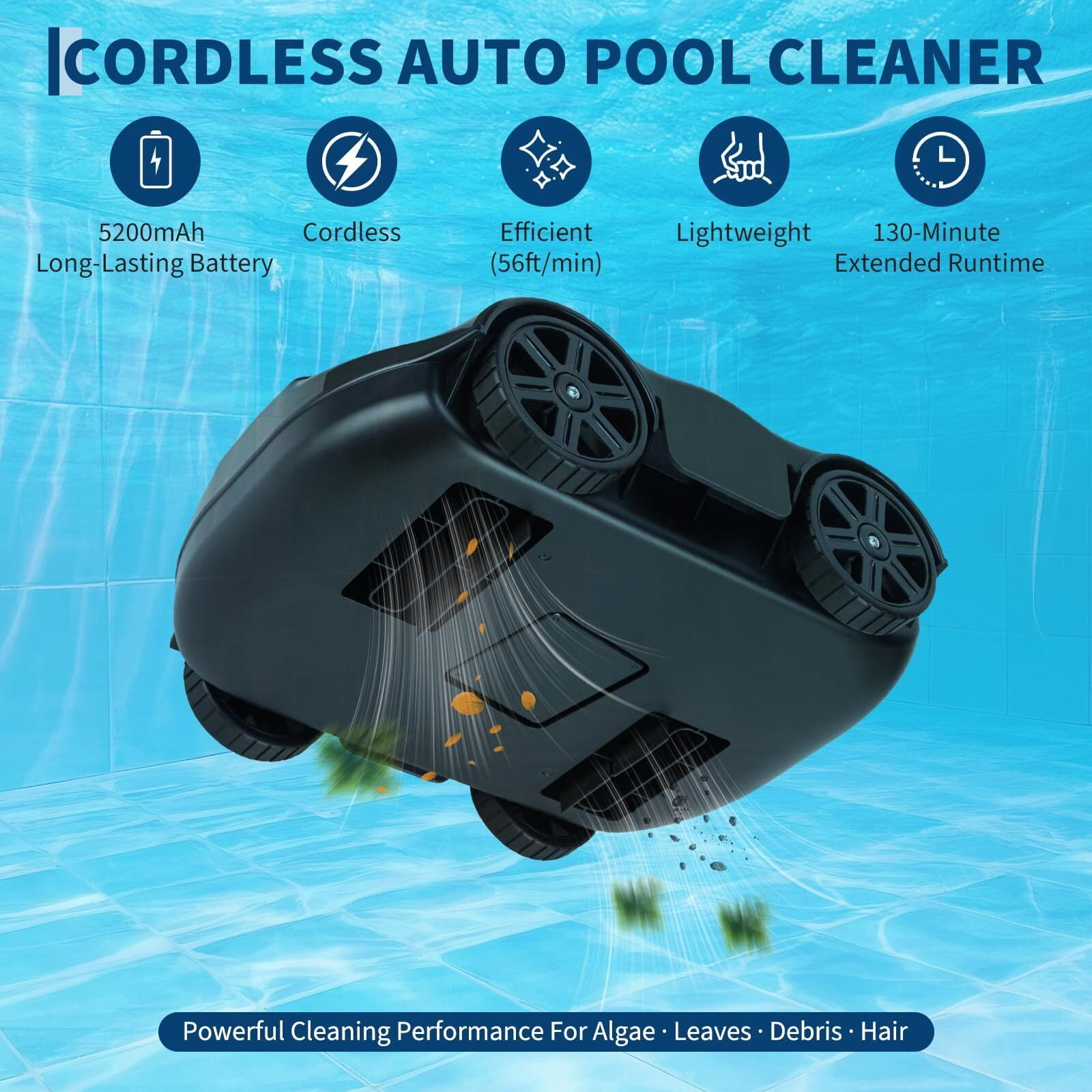 EuKer Pool Cleaner Robot, Automatic Pool Vacuum Robot with Smart Self-Parking and Auto-Drainage for Above-Ground/In-Ground Pools, Black