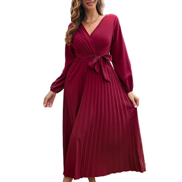 Red long sleeve pleated cheap dress