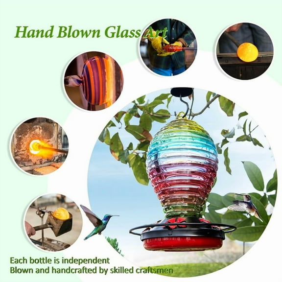 Glass Hummingbird Feeder, Rainbow Hummingbird Feeders for Outdoors Hanging, 29 Ounces, Cute Spiral Shape Bottle
