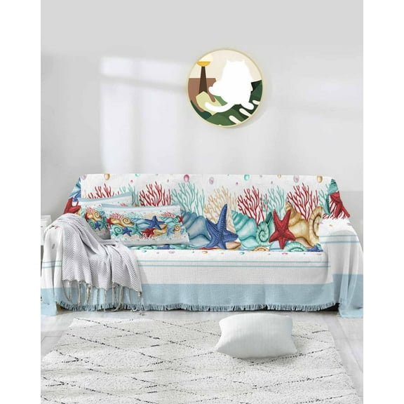 Nautical Starfish Sofa Covers for 3 Cushion Couch,Washable Sectional & L Shape Couch Covers for Dogs/Cat/Kid,Coastal Coral Conch Summer Sea Non Slip Sofa Slipcover Tassel Futon Cover 71''x150''