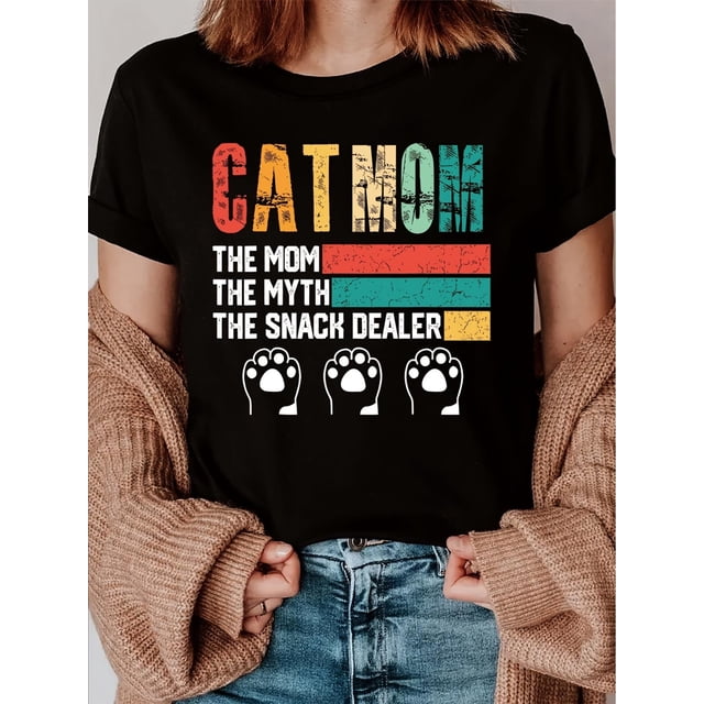 Cat Mom Love Your Pet Day" Graphic Tee - Casual Crew Neck Short Sleeve T-Shirt for Women, Breathable Polyester, Machine Washable, Four Seasons, Round Neck