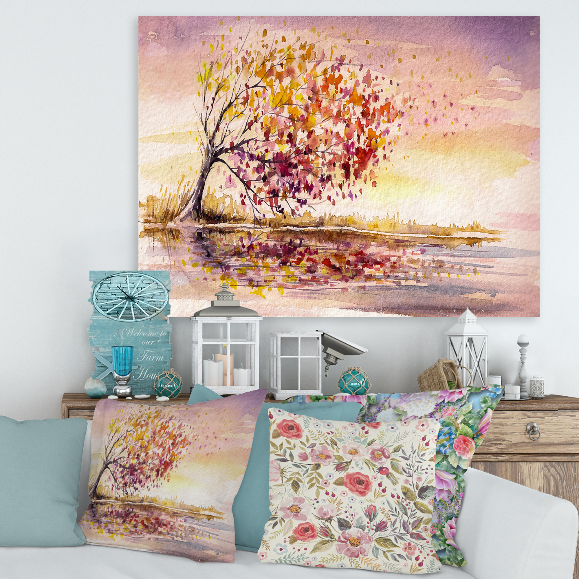 Designart ' Orange and Yellow Autumn Tree ' Traditional Canvas Wall Art Print