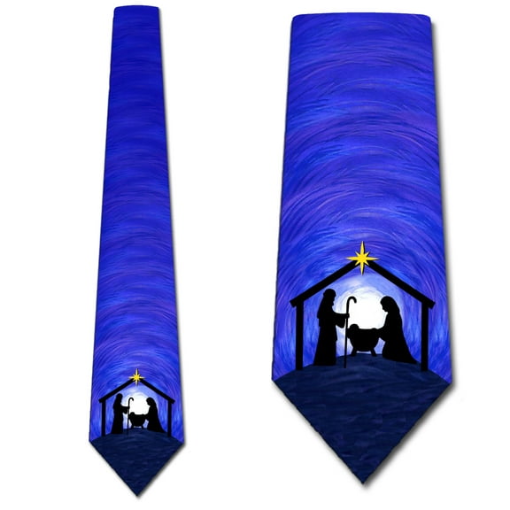 Nativity Scene Ties Blue Necktie Mens Necktie by Three Rooker