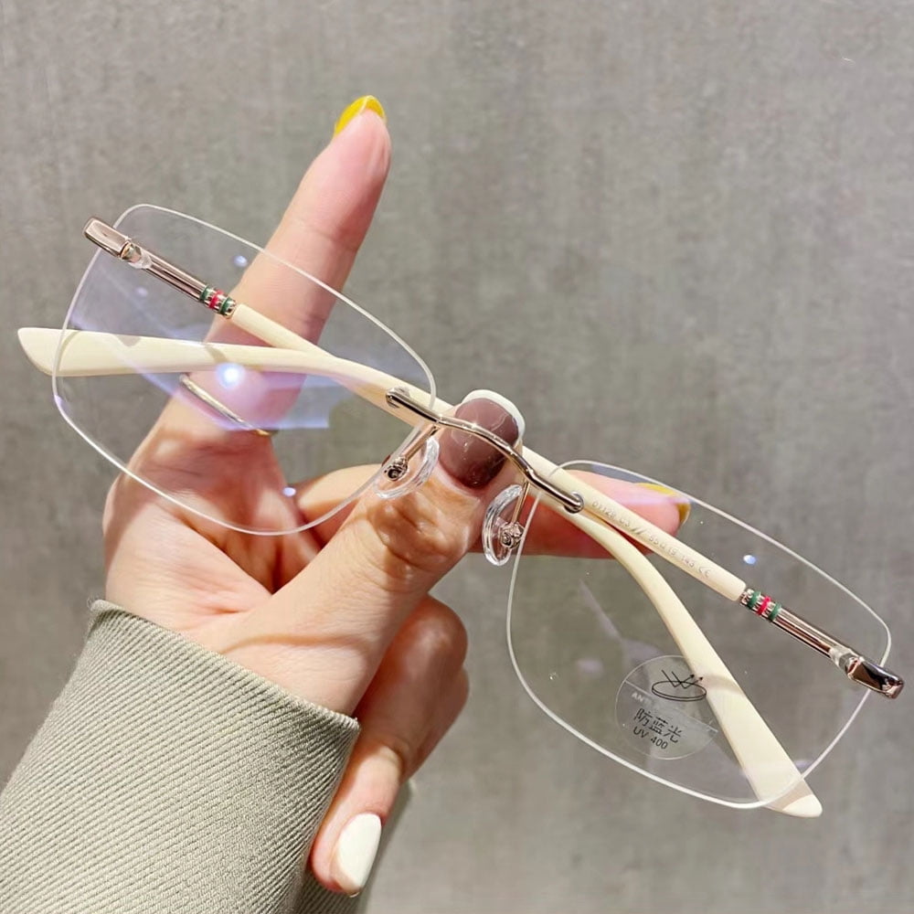 4 Pairs of Women White Rimless Rectangular Reading Glasses 2.00, Men Frameless Metal Blue Light Blocking Readers +2.00 Strength