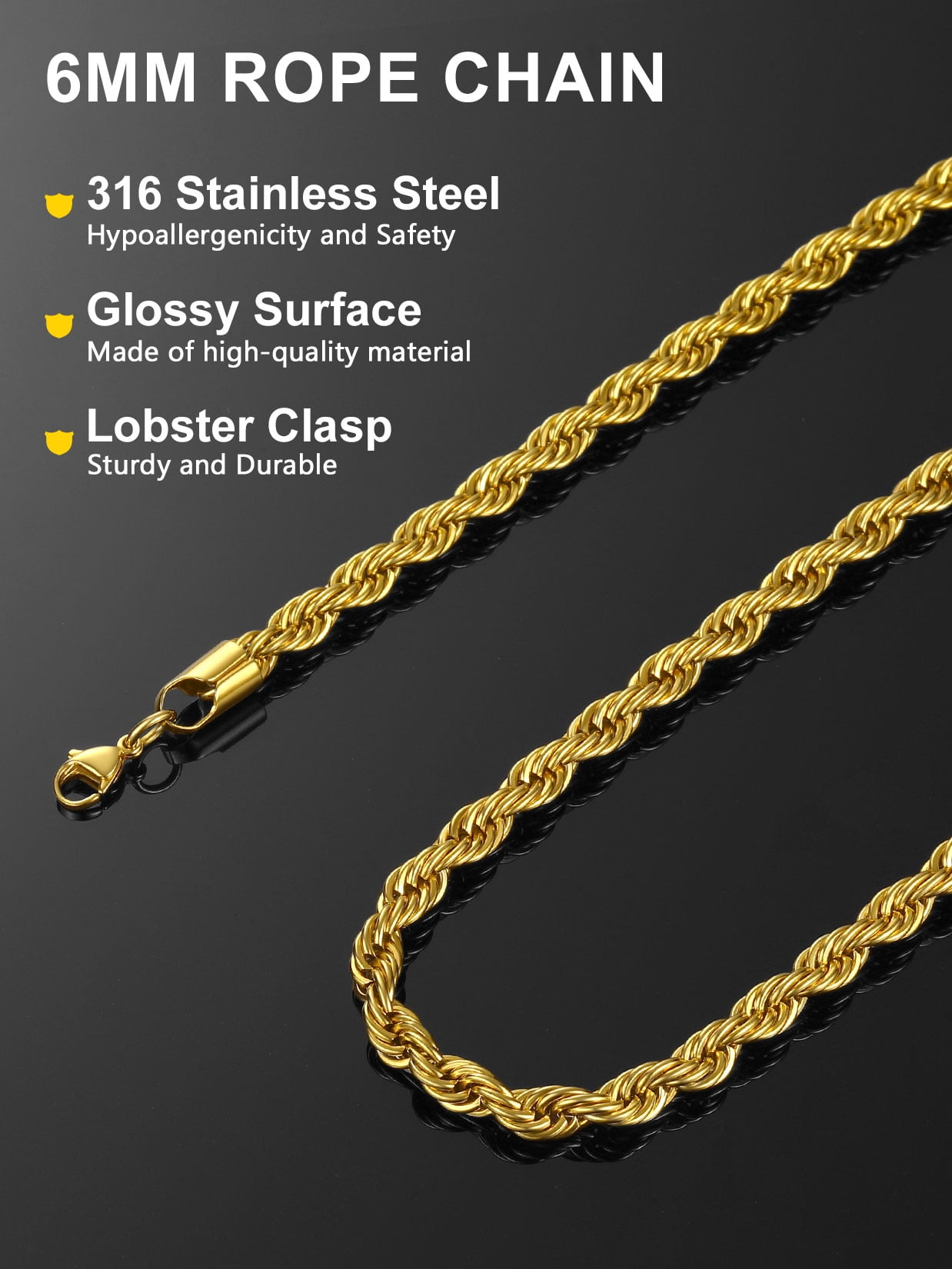 ChainsProMax Men 6mm Twist Rope Necklace Replacement Chain for Pendant Charm Jewelry Gift for Father 18"-30" 316L Stainless Steel