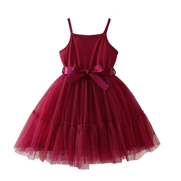 Vestido de Fiesta de las Niñas Color Sólido Suspender Malla Superposición con Cinturón Casual Fluy A-Line para Niños Fotos de Vacaciones Primavera Verano