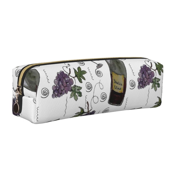Balery Wine Bottles And Grapes Estuche de Lápices de Cuero Impreso, Estuche para Suministros de Arte, Estuche de Lápices con Cremallera, Estuche de Almacenamiento de Papelería