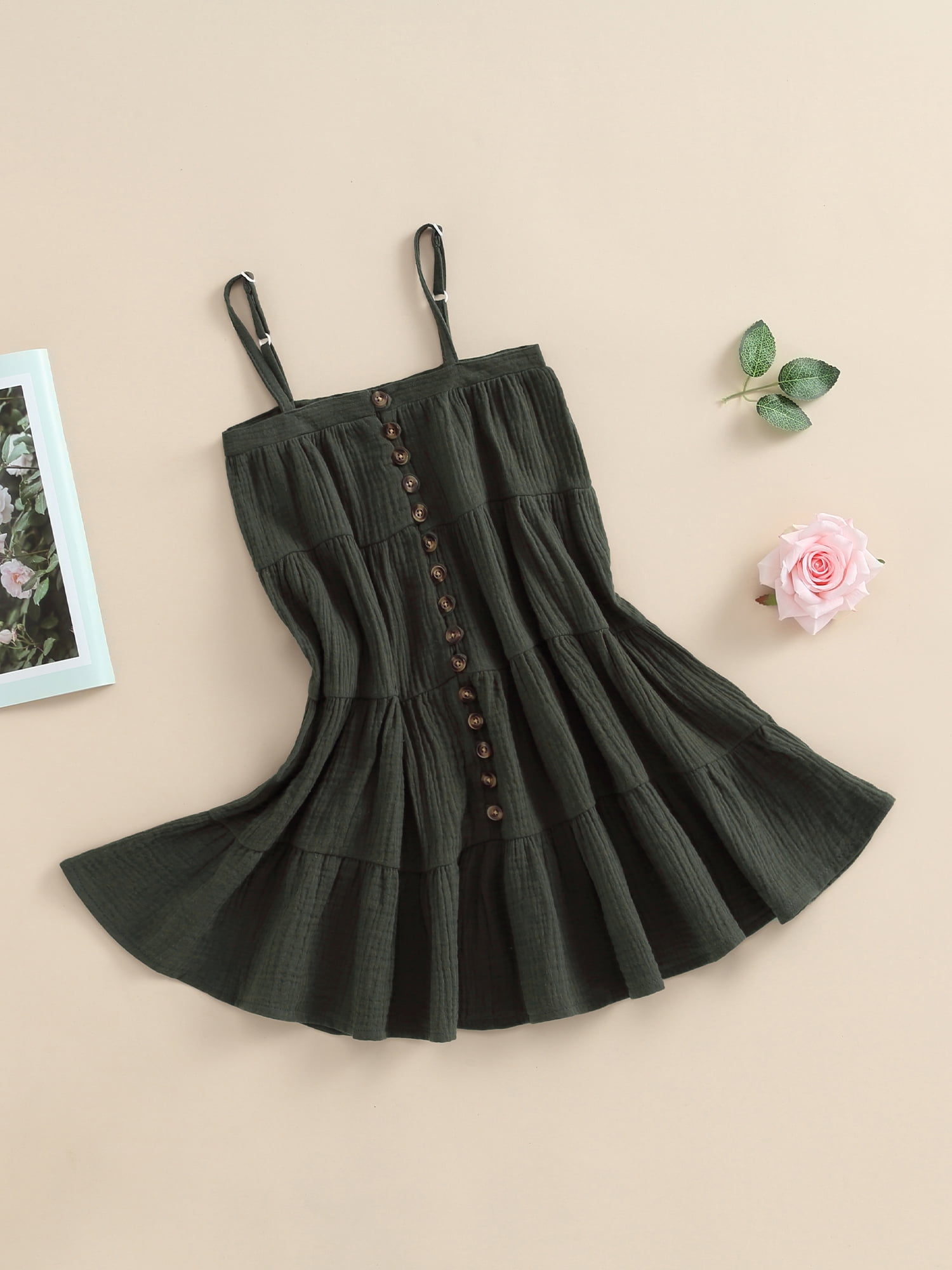 Kid Girl Sweet Button Design Solid Color Cami Dress