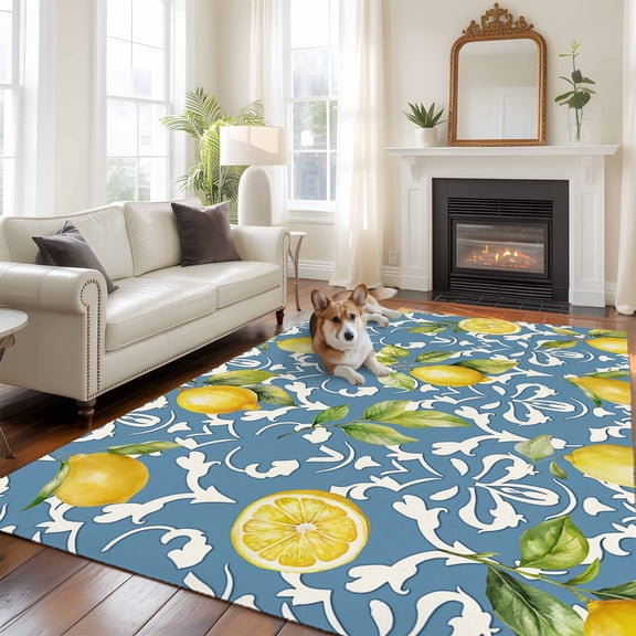 Lemon with Large Area Rugs 5x8 ft Leaves Floral Pattern Blue Washable Rug Non Slip Indoor Carpet Absorbent Floor Mat for Living Room Bedroom Dining Room