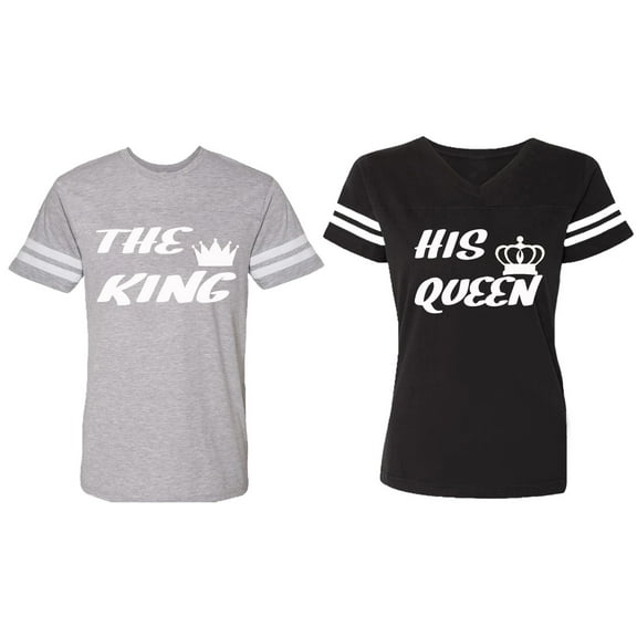The King His Queen Matching Couple Cotton Jerseys (Men Heather / Women Black) (Men S / Women S)
