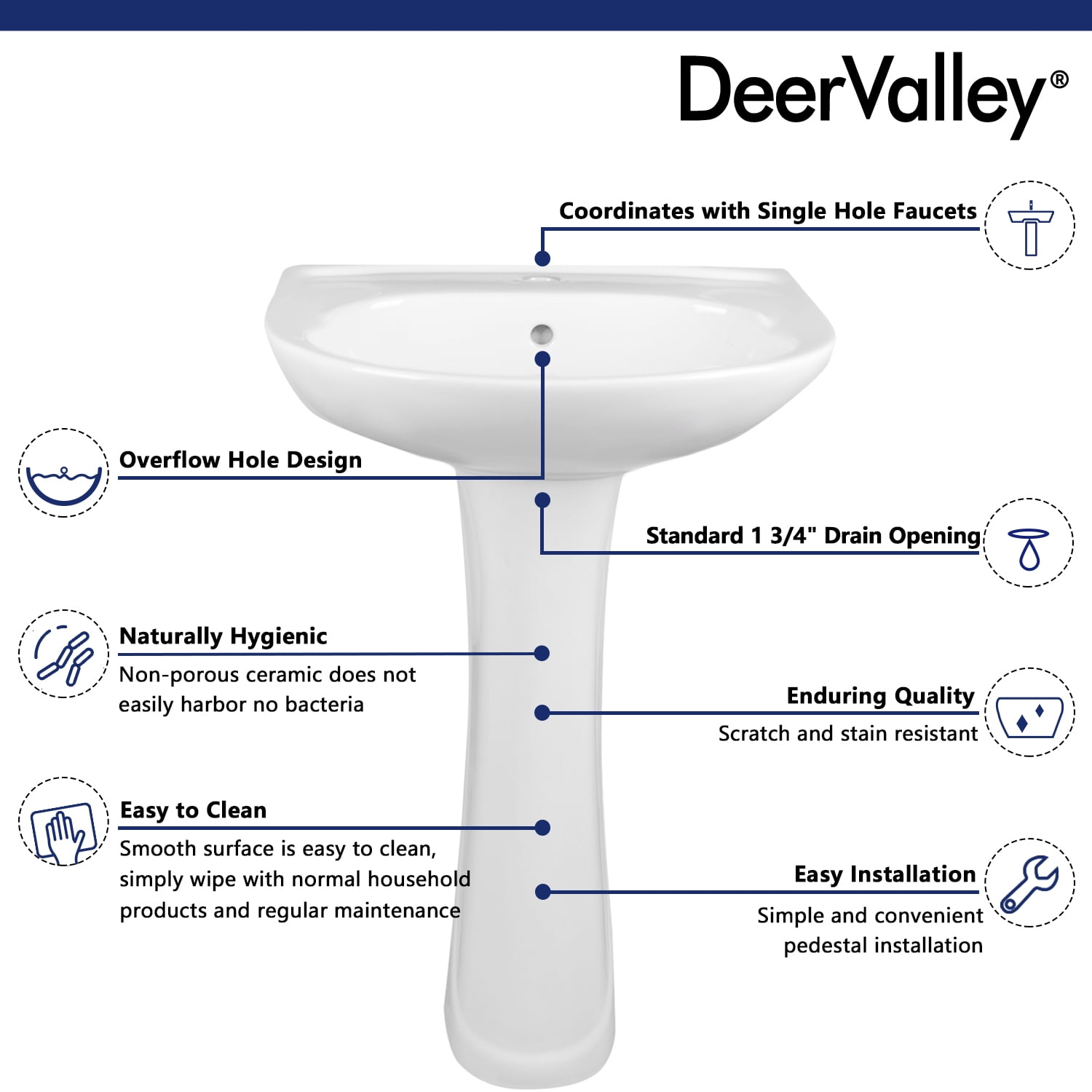 DeerValley Ally DV-1P525 26 5/8" Tall Modern U-Shape White Vitreous China Pedestal Sink with Overflow