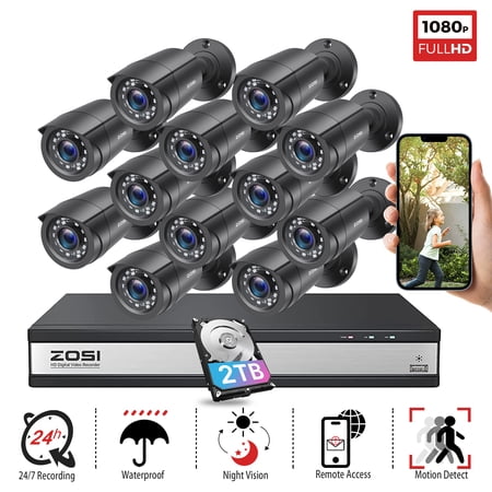 ZOSI H.265+ H.265+ 1080p 16CH 5MP Security Camera with 2TB Hard Drive, 12 Count