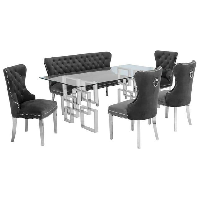 Ensemble de Salle à Manger en Verre Clair 6pc avec Base en Acier Inoxydable Argenté + Chaises + Banc