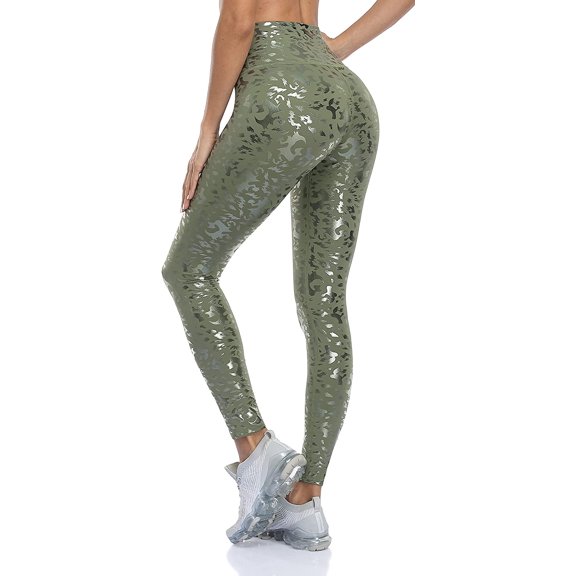Women Faux Leather Leggings Leopard Print Liquid Shine Tummy Control Athletic Yoga Pants