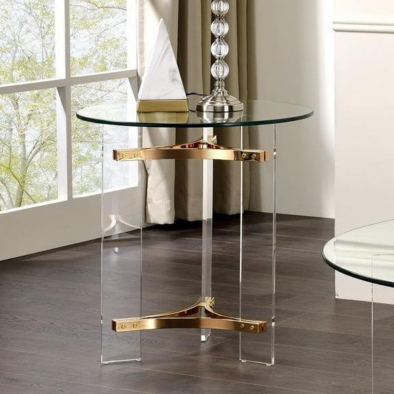 Gzxs 23‘’ Clear Glass Side Table, Accent Round End Table with Gold Metal Frame and Acrylic Base, Home Decor Bedroom Living Room Display Table