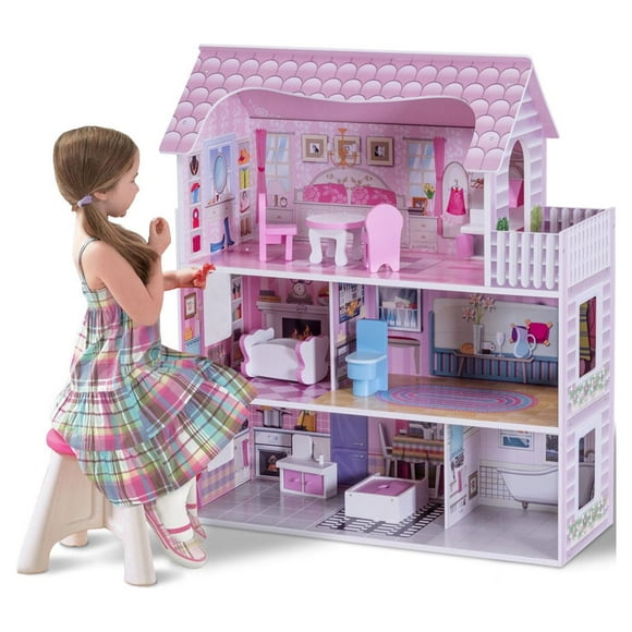 Gymax 28'' Pink Dollhouse w/ Furniture Gliding Elevator Rooms 3 Levels Young Girls Toy