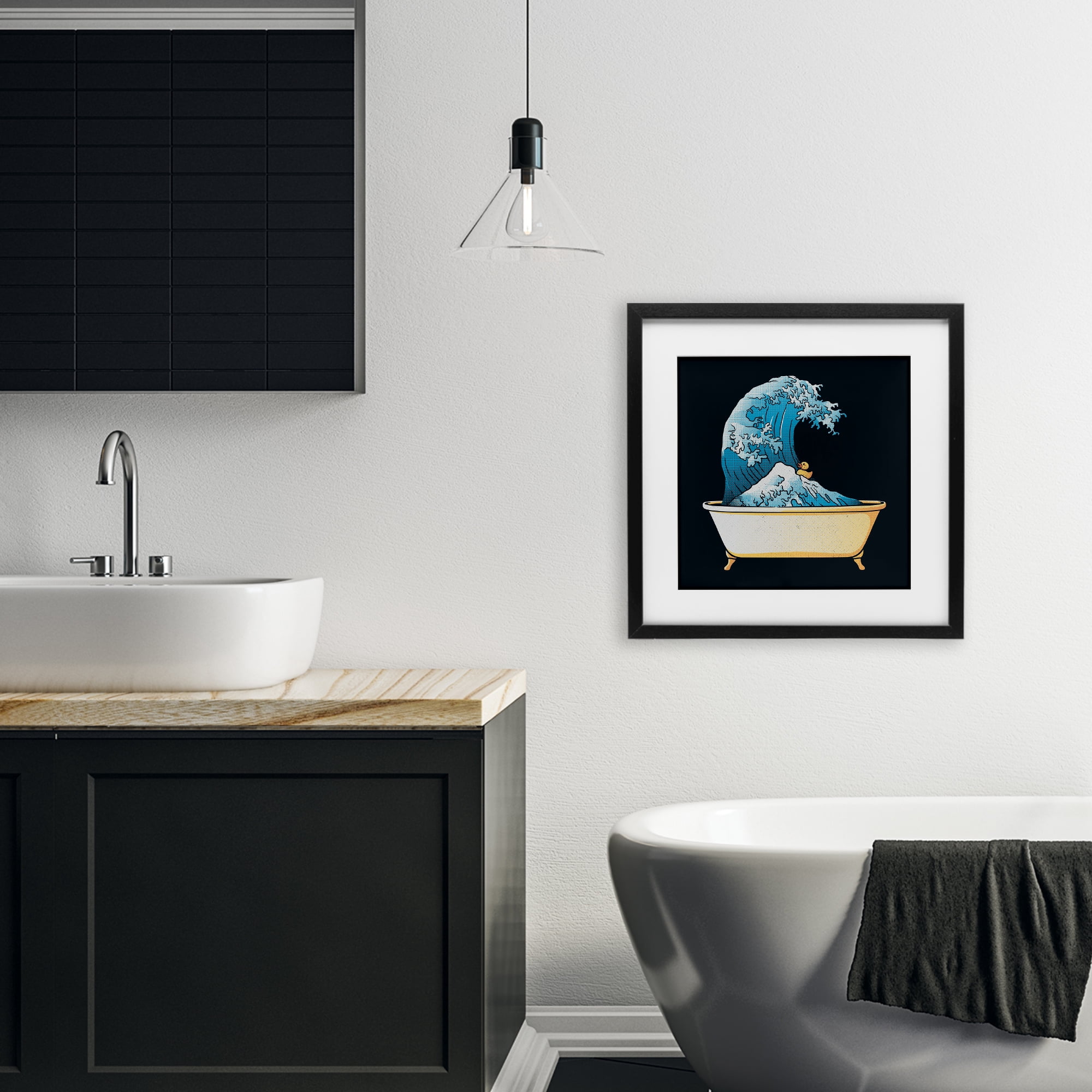 Stupell Industries Bathtub with Kanagawa Wave Black Framed Print Under Glass, design by Tobe Fonseca