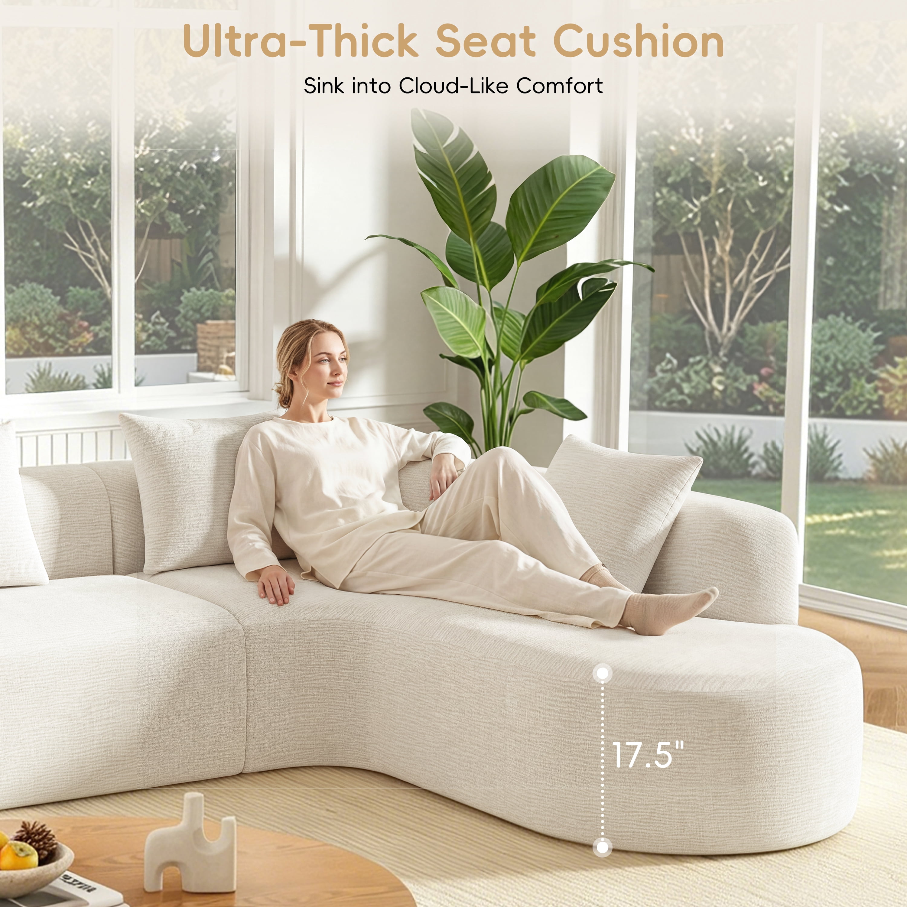 GARITIN Curved Cloud Couch 116.5 Inch, Oversized L Shaped Chenille Sectional Sofa with High Resilience Foam for Living Room, Beige