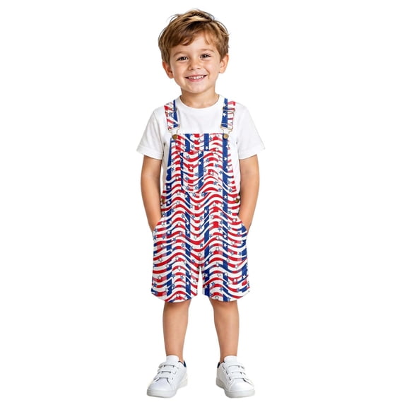 Kids Patriotic Denim Bib Overalls Shorts American Flag Star Striped Design Casual Jean Jumpsuit Outfits for Boys 4th of July Holiday Daily Wear