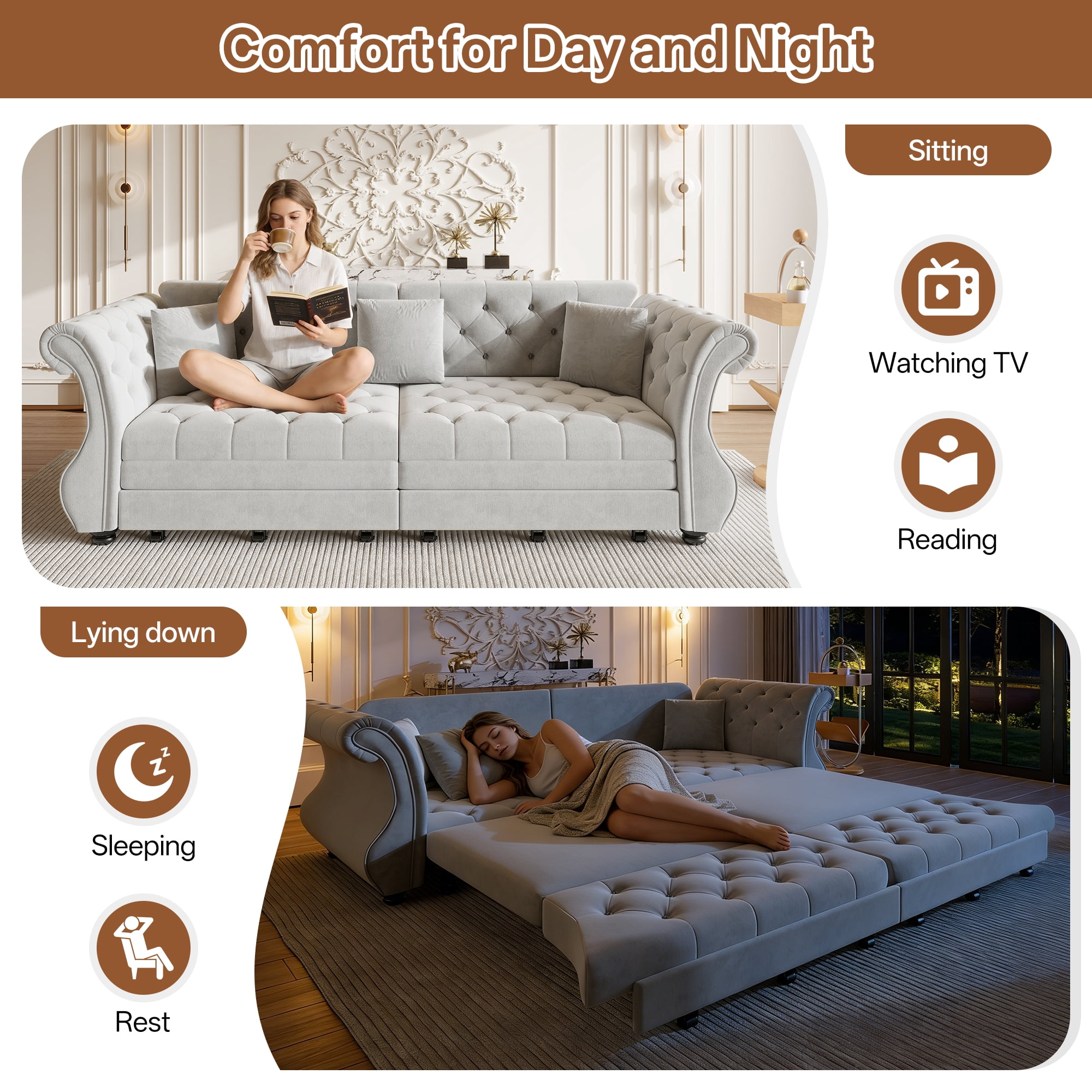 Chesterfield Pull Out Convertible Sofa Bed, Classic Flower Tufted Velvet Loveseat Sleeper Couch With Roll Arms and Pillows, for Living Room Apartment Office