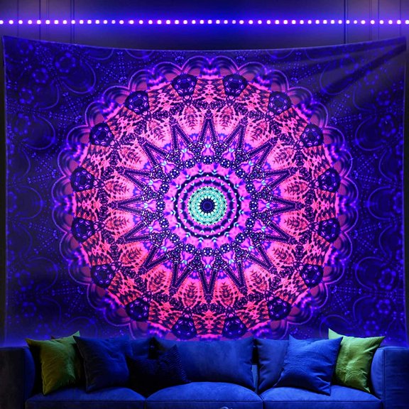 Blacklight Mandala Boho Tapestry Glow In The Dark, Black Light Bohemian Hippie Poster Wall Hanging for Bedroom Aesthetic Wall and Room Decor (50" x 60", Mandala)