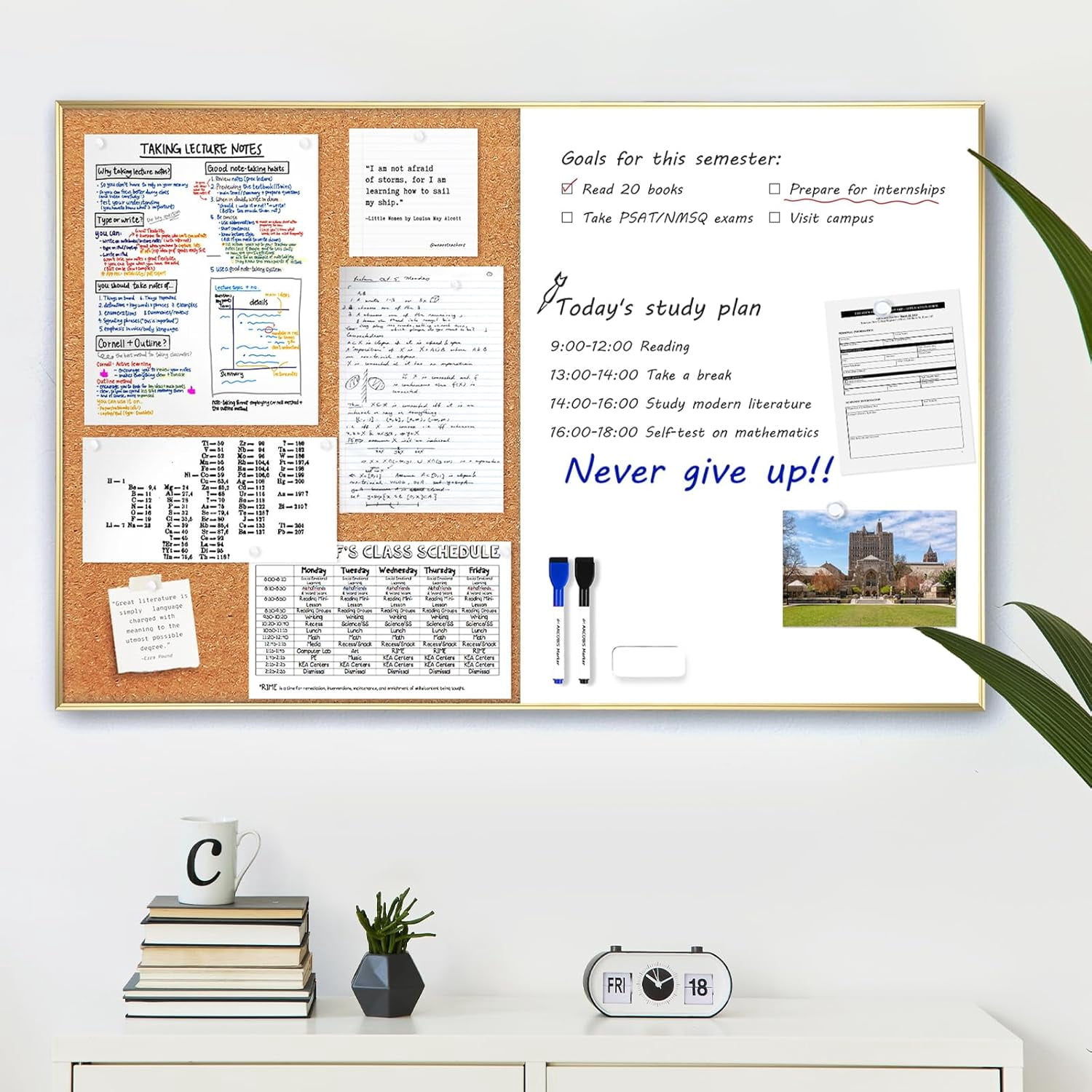 36"x24" Cork White Board Combo Gold Frame Magnetic Dry Erase & Bulletin Board | On Sale | Wall-Mounted Vision Board for Home Office School