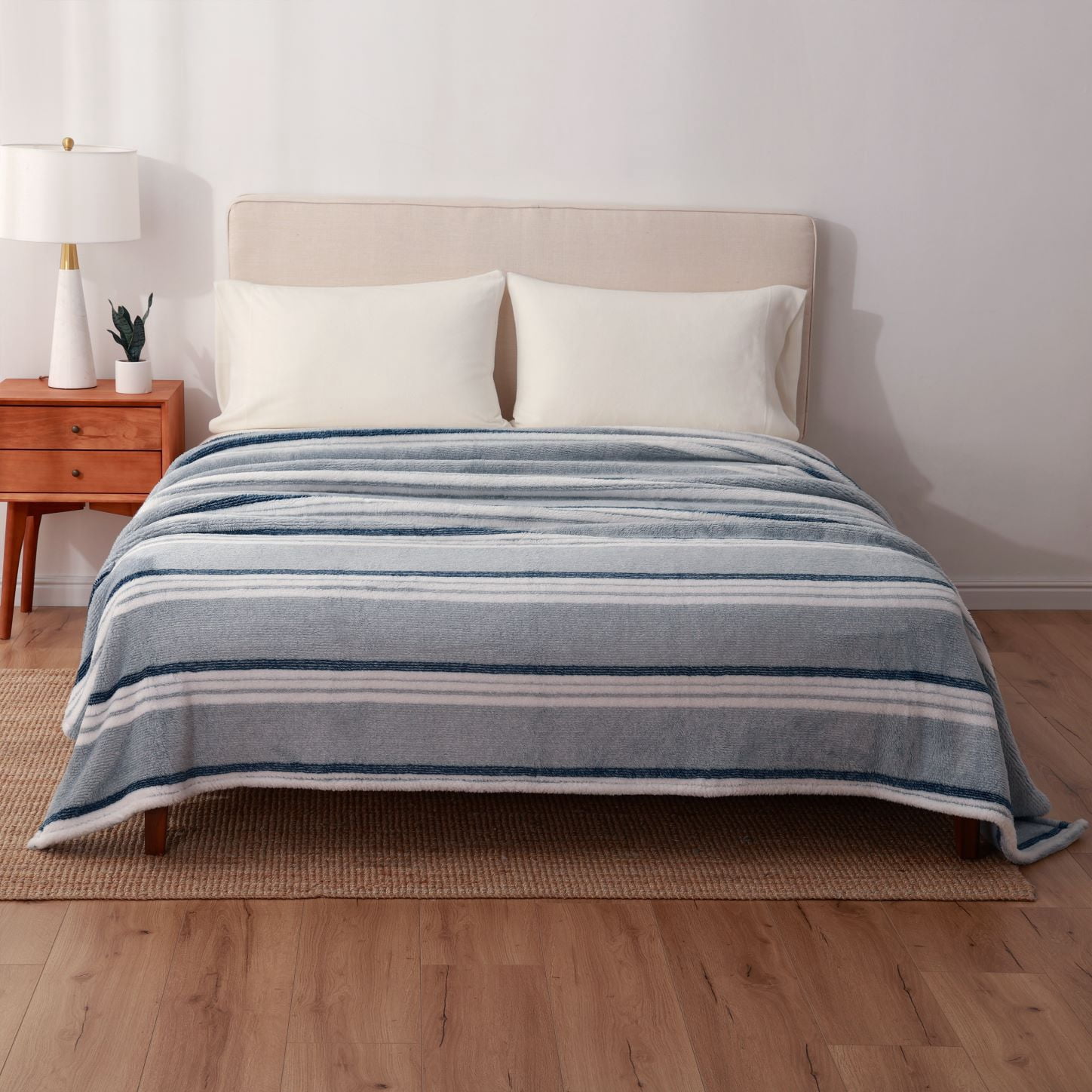 Berkshire Blanket Eco Plush Bed Blanket, Navy Stripe, King