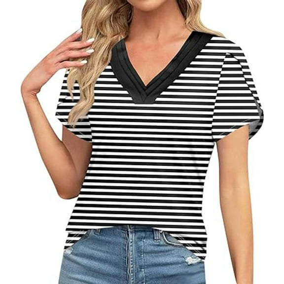 Lovskoo Womens Short Sleeve T Shirts Striped Color Blocking V-Neck Cute Basic Tee Summer Tops Dressy Casual Black