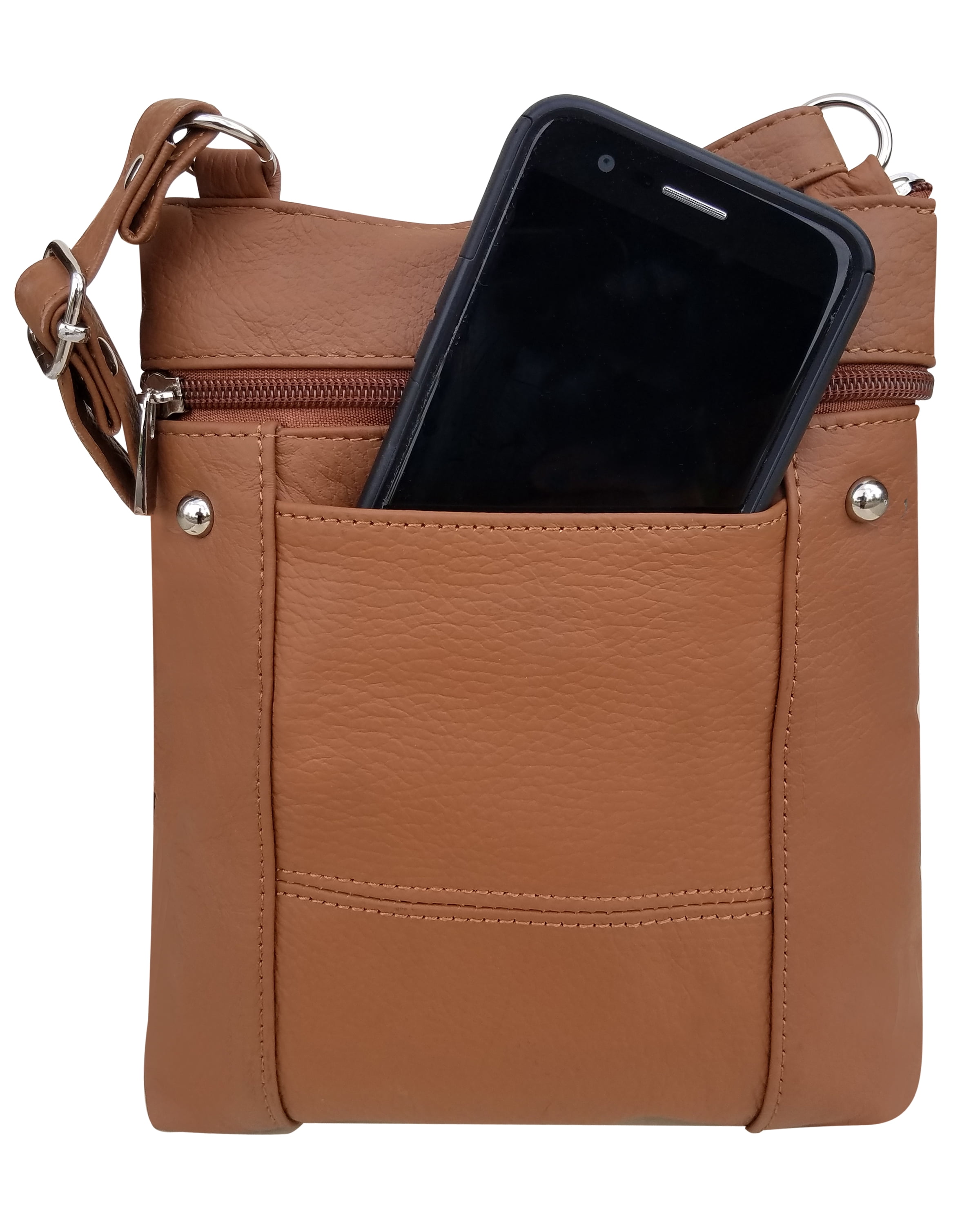 Roma Leathers Genuine Leather Multi-Pocket Crossbody Purse Bag (Light Brown)