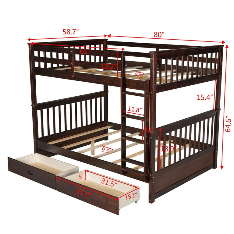 Full Over Full Bunk Bed with Ladders and Two Storage Drawers Solid Pine Wood Double Decker Bed with Full Length Guardrail Saving Space and Can Be Separated Into Two Bed Espresso Walmart