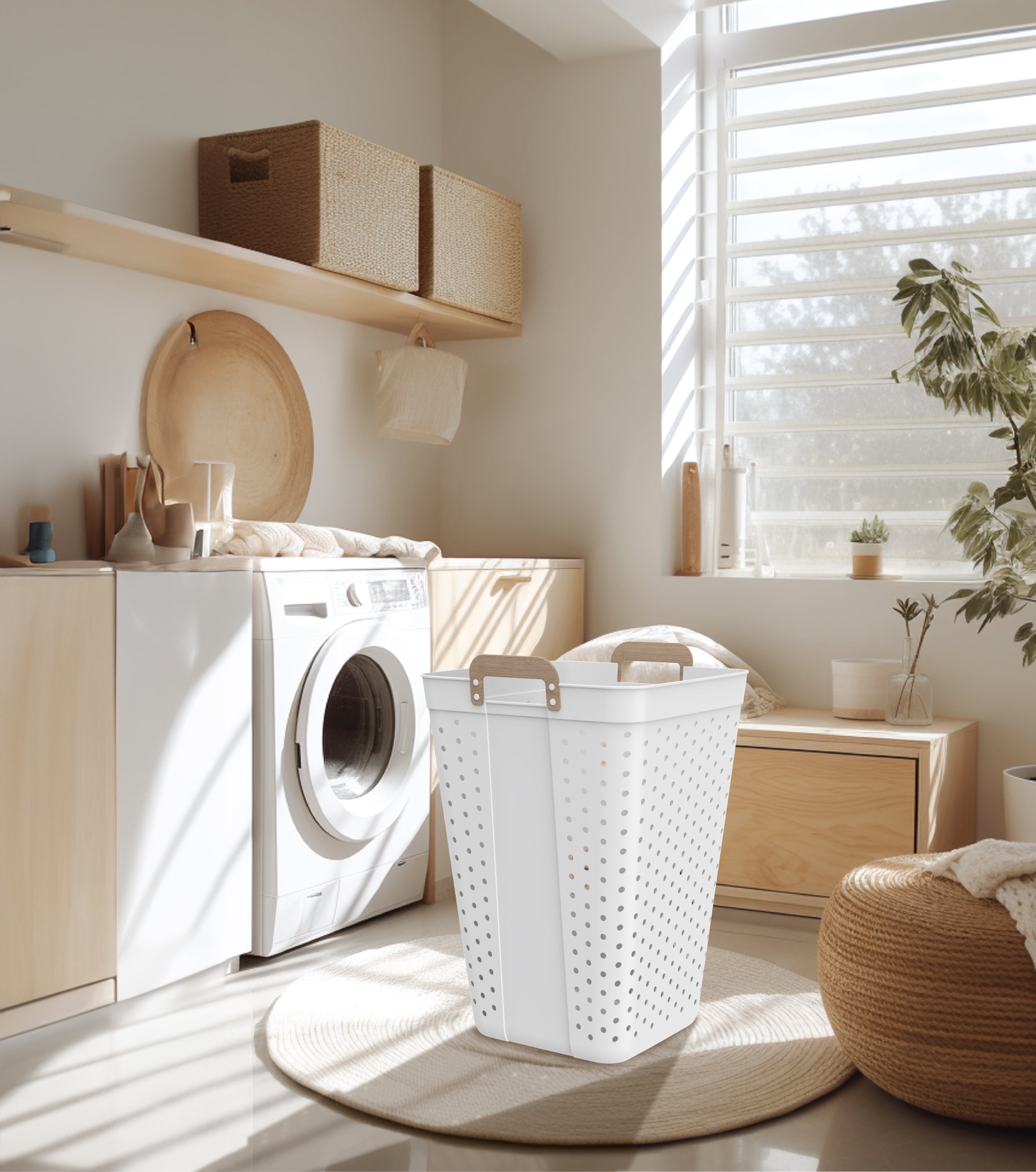 (2 pack) Mainstays Plastic Laundry Hamper, Large Square, Flexible & Breathable, Carrying Handles, White, 2 Pack