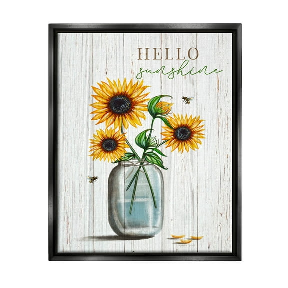 Stupell Industries Hello Sunshine Rustic Sunflower Jar Graphic Art Jet Black Floating Framed Canvas Print Wall Art, Design by Elizabeth Tyndall