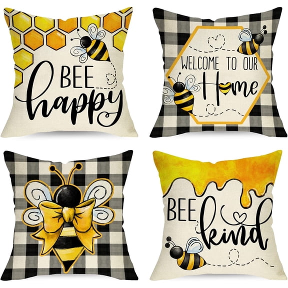 Summer Bumble Bee Happy Bee Kind Decorative Throw Pillow Covers 18 x 18 Set of 4, Spring Black White Buffalo Plaid Honey Cushion Case Decor, Welcome to Our Home Farmhouse Decoration
