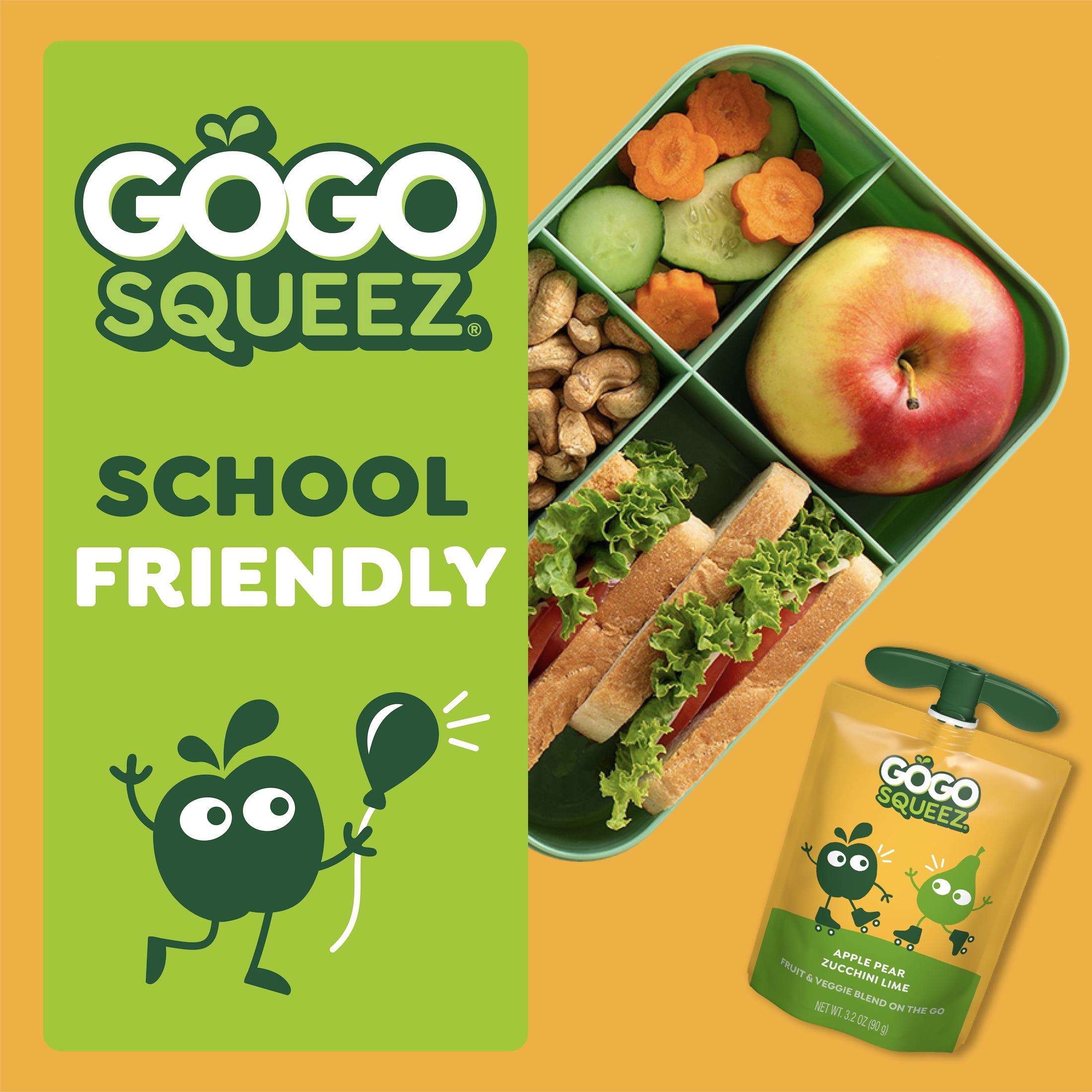 GoGo squeeZ Fruit & VeggieZ No Sugar Added Apple Pear Carrot Pouches, 3.2 oz. (4 Pouches)