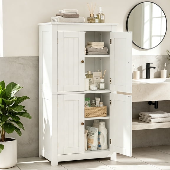 Ktaxon Bathroom Floor Storage Cabinet, Freestanding Cabinet with 4 Doors, Adjustable Shelves, White
