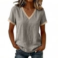thumbnail image 3 of Diufon Cotton Linen Tops for Women Lace Trim V Neck Short Sleeve Shirts Summer Fashion Vacation Boho Blouses, 3 of 7