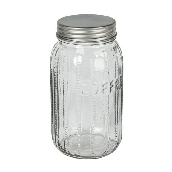 Creative Co-Op Tall Embossed Glass Jar with Metal Lid "Coffee", Clear