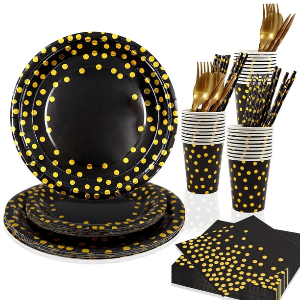 Zhuge 180 piezas de suministros para fiestas en negro y dorado, 20 cubiertos desechables para fiestas, tenedores, cuchillos, cucharas de plástico dorado y platos de papel con lunares dorados