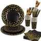 thumbnail image 1 of Zhuge 180 piezas de suministros para fiestas en negro y dorado, 20 cubiertos desechables para fiestas, tenedores, cuchillos, cucharas de plástico dorado y platos de papel con lunares dorados, 1 of 4