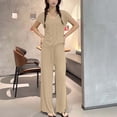 thumbnail image 4 of FengMoreActive Women's 2PC Pajamas Set V-Neck Tshirt And Wide Leg Pants Loose Sleepwear Suits Solid Color Casual Pajamas Sets, 4 of 5