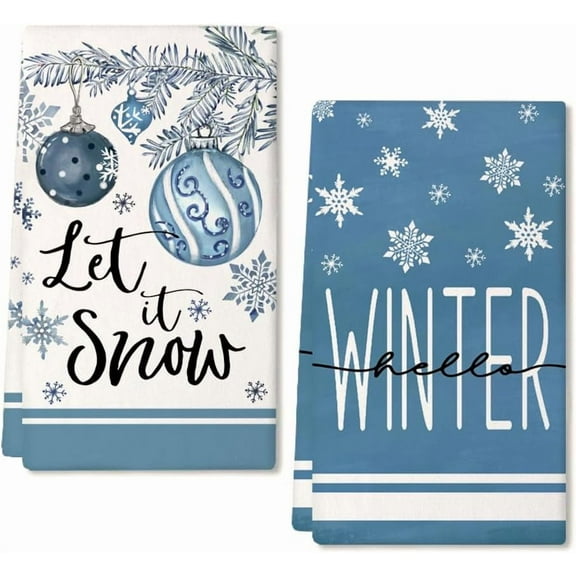 Bells Hello Winter Kitchen Towels Set of 2,Blue Tree Snowflake Dish Hand Towels Holiday Home Indoor Bathroom Party Seasonal Decorations DD046
