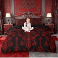 thumbnail image 2 of meiyoeat Gothic Damask Pattern Duvet Cover Queen,Vintage Boho Floral Queen Bedding, Red Black,Black Reversible,3 Pieces(No Comforter), 2 of 6